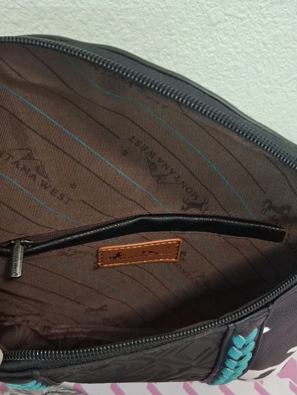 Black & White Cowhide Crossbody Bag with Teal Accents  MONTANA WEST